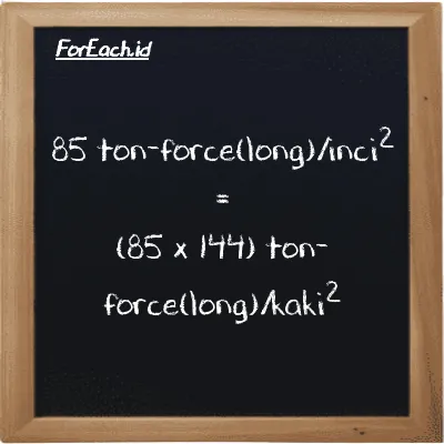 Cara konversi ton-force(long)/inci<sup>2</sup> ke ton-force(long)/kaki<sup>2</sup> (LT f/in<sup>2</sup> ke LT f/ft<sup>2</sup>): 85 ton-force(long)/inci<sup>2</sup> (LT f/in<sup>2</sup>) setara dengan 85 dikalikan dengan 144 ton-force(long)/kaki<sup>2</sup> (LT f/ft<sup>2</sup>)